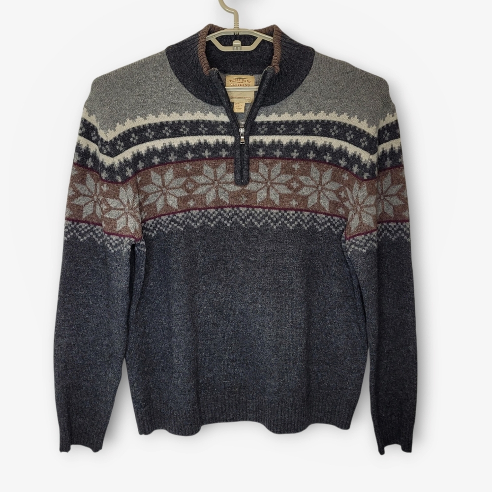 Half-Zip Fair Isle Wool Sweater - Charcoal & Brown